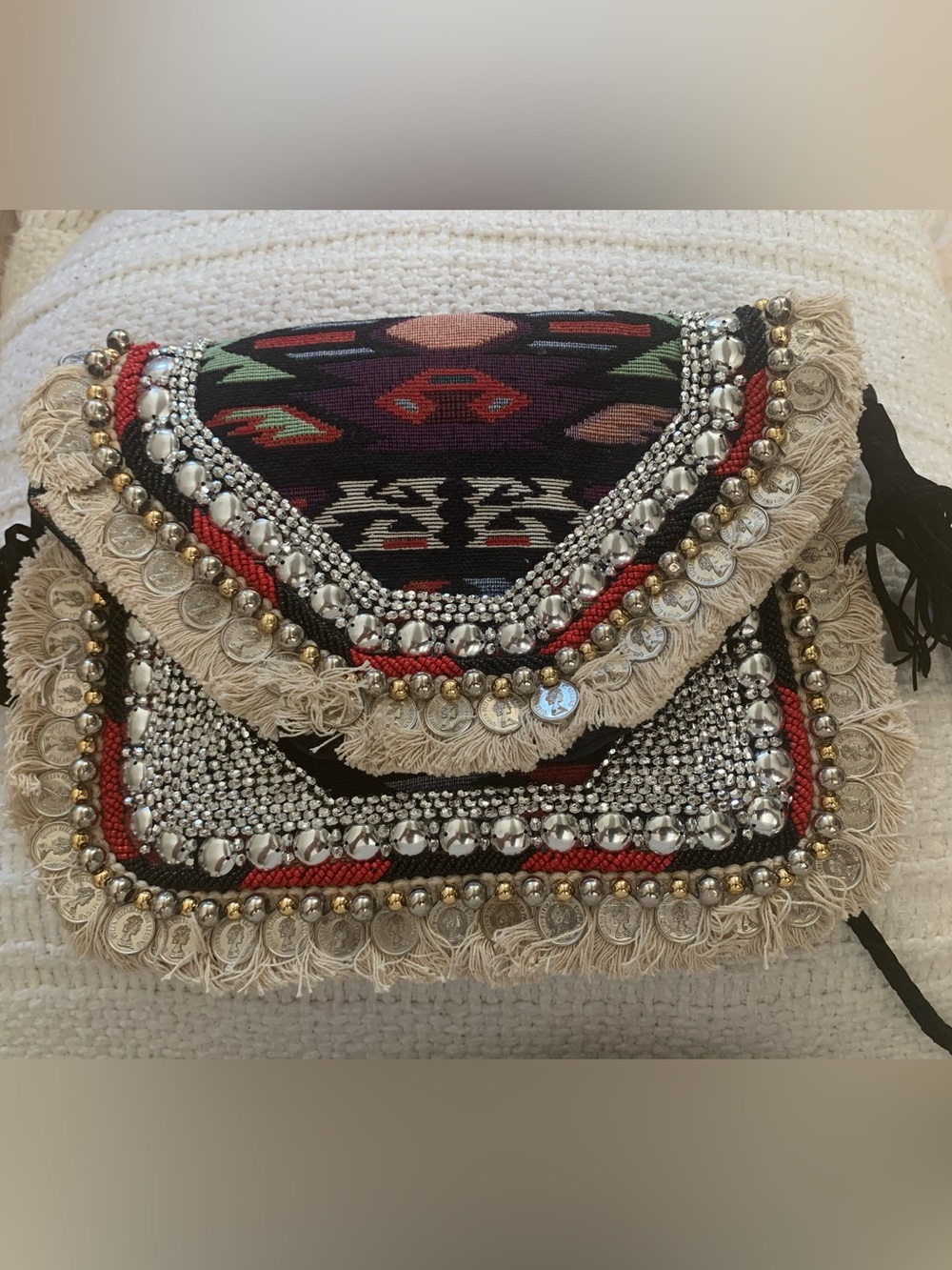 Embellished Tribal Fringe Banjara Coin Clutch Hand stitched. 11 x 8